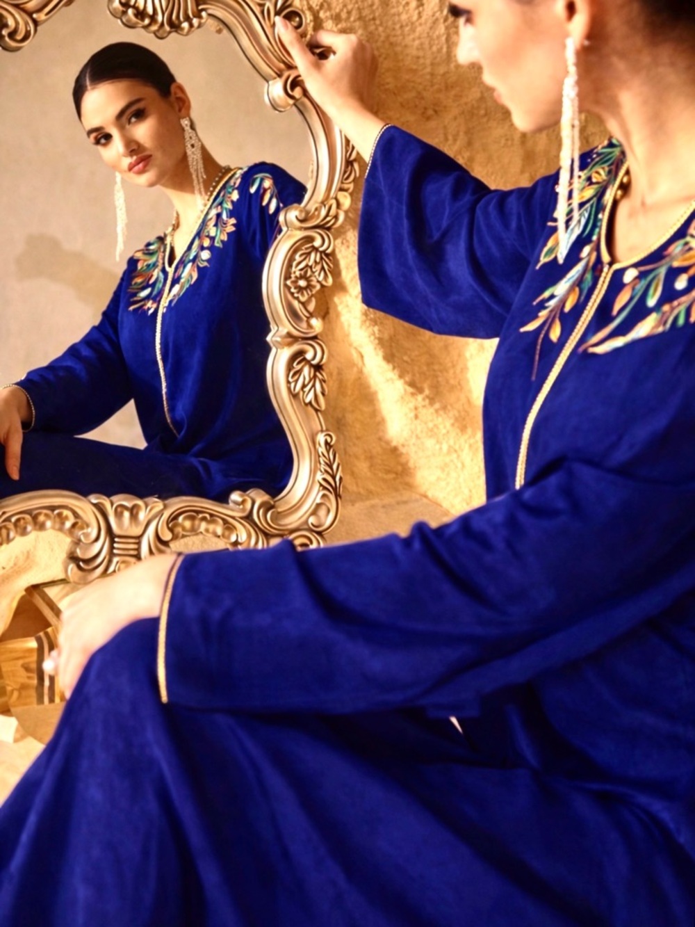 Luxury Royal Blue Kaftan Embroidered Elegant Maxi Dress Size Large💖
